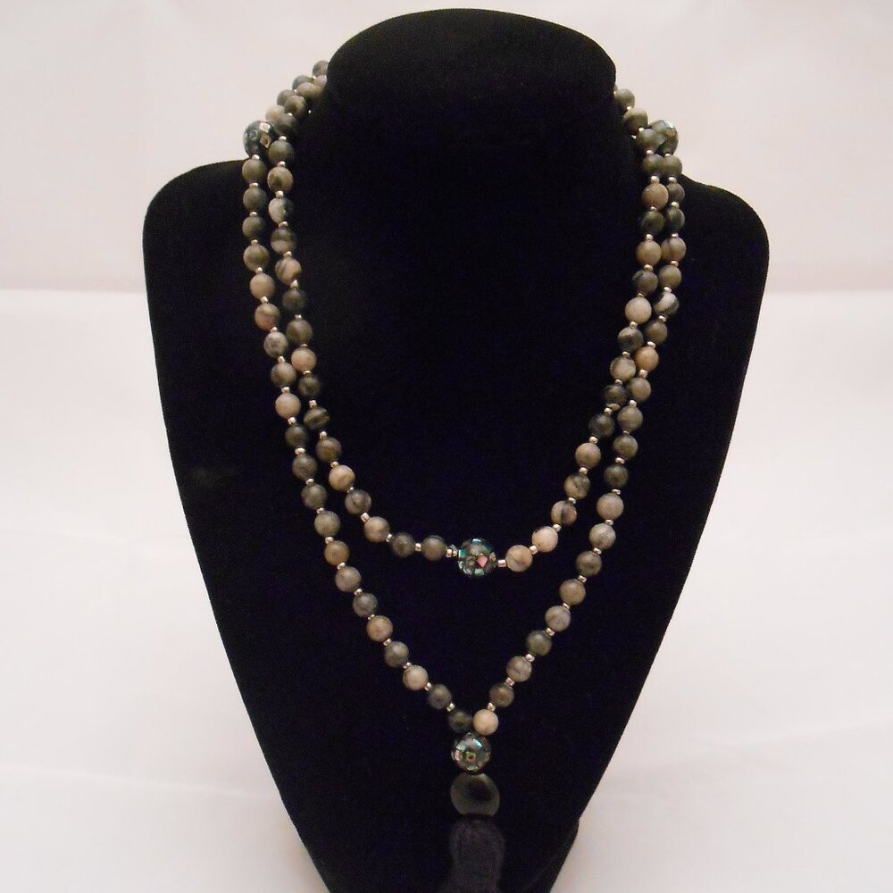Mala Bead Necklace, Black Network Stone Beads, Handmade, Jewelry, Meditation
